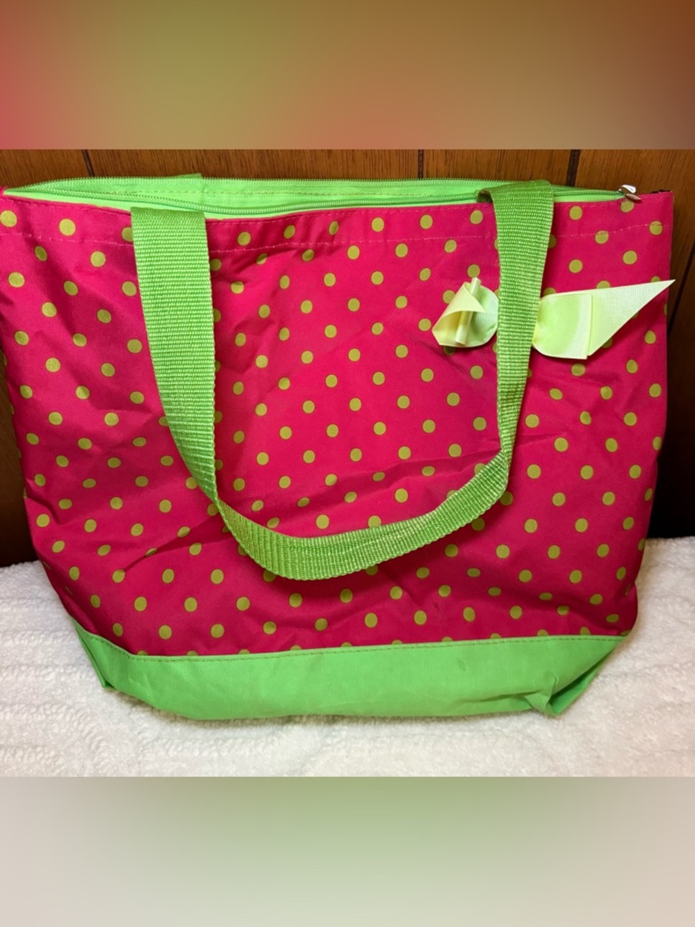 Pink and Lime Polka Dot Tote with Bow Accent - Picture 5 of 6